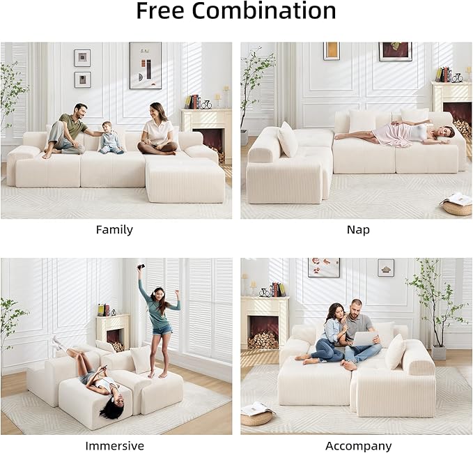 118" Modern L-Shaped Modular Sectional Sofa, Boneless Modular Couches for Living Room, Corduroy Upholstered Sofa with Deep Seat, Oversized 3-Seater Cloud Sectional Couch, No Assembly, Beige