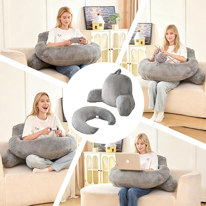 PAJEO Reading Pillow for Bed,U Shaped & Back Support Pillow for Bed,17" Backrest with Lumbar & Arm Support,Luxurious Faux Rabbit Fur,Gaming PillowFor Crochet/Reading/Watching TV,Gray