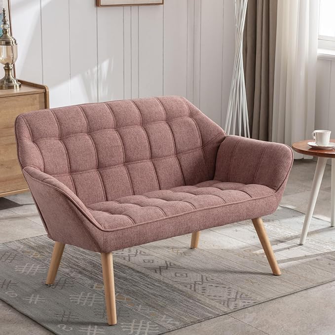 48" Small Loveseat Sofa, Mid Century Modern Linen Love Seat with Wood Legs 2-Seat Sofa Couch Tufted Wingback Upholstered Sofa Chair for Living Room Bedroom Apartment, Pink