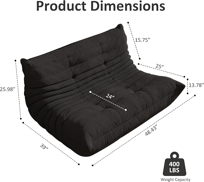 Bean Bag Chair, Oversized Loveseat Fireside Chair for Adults, 2 Seater with Memory Foam Filled, Lazy Sofa Lounge Floor Sofa for Living Room, Bedroom, Office, No Assembly Required. (Black)
