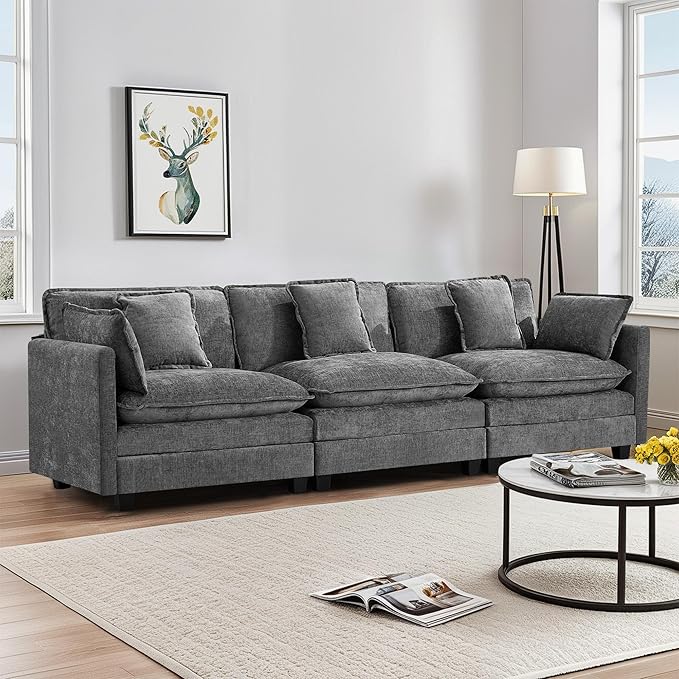 UMBFUN 3-Seater Cloud Couch, Oversized Modular Sectional Sofa with Deep Seat Soft Cushions, Comfy Chenille Couch for Living Room, Apartment & Family Space, Grey