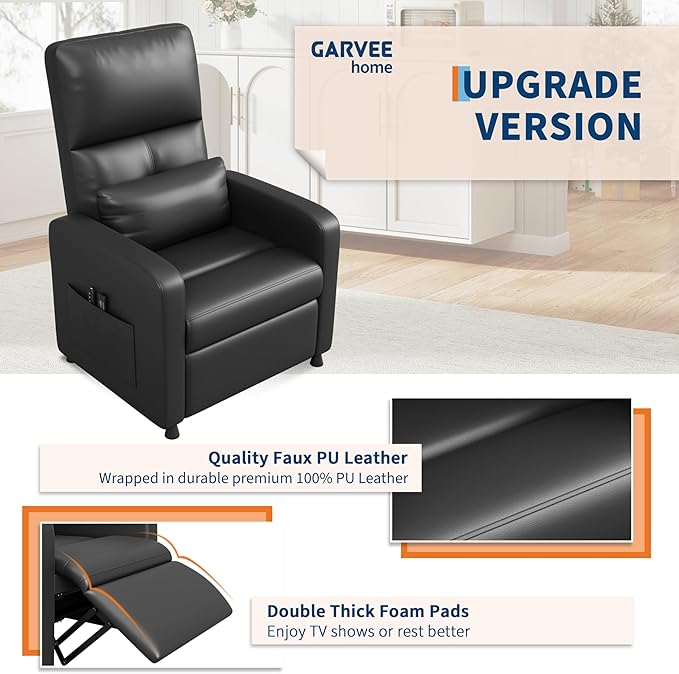GarveeHome Power Recliner Chair, Adjustable Electric Recliner Ergonomic Overstuffed PU Leather Single Sofa, Tall Back, Padded Seat, 2 Side Pockets and USB Port, Home Theater Seating for Living Room