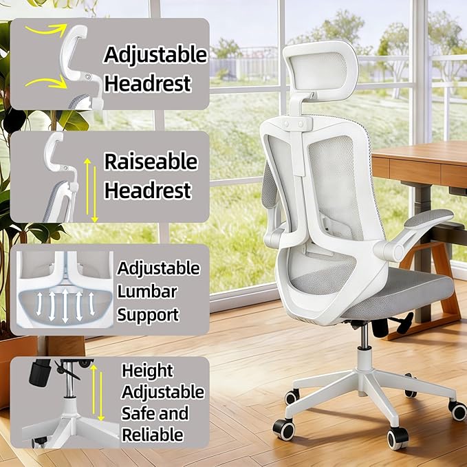 Ergonomic Office Chair - 400LB Comfy Desk Chairs with Adjustable Headrest and Lumbar Back Support, Mesh Computer Chairs with Wheels and Arms for Home Office, Study (Gray-with Headrest)