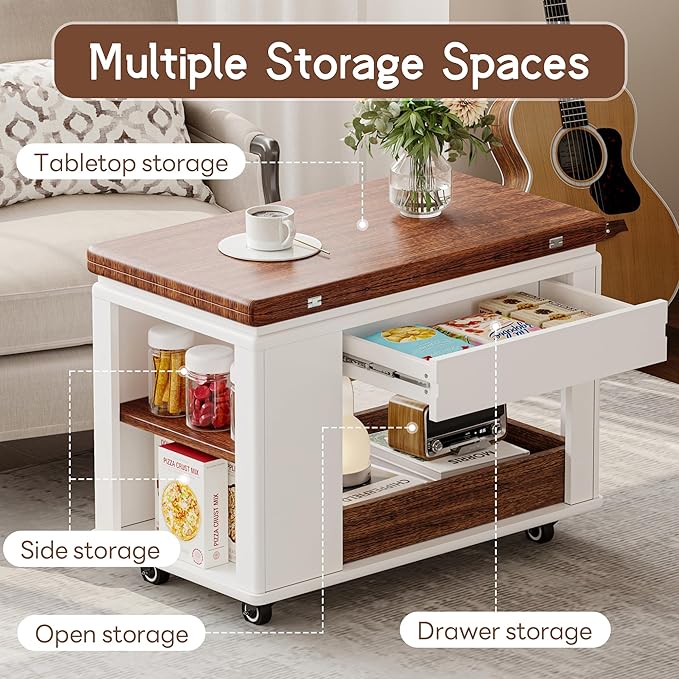 27.6" Modern Multi-Function Coffee Table with Foldable Top & Casters,Side Table with Multi-Tier Storage,White & Walnut