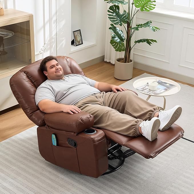 Rocker Recliner Chairs for Adults w/Vibration Massage and Heating,360° Swivel Rocker Glider Recliner,Extra Wide Manual Lazy Chair,PU Leather Overstuffed Soft Sofa Chair for Living Room,Bedroom,Brown