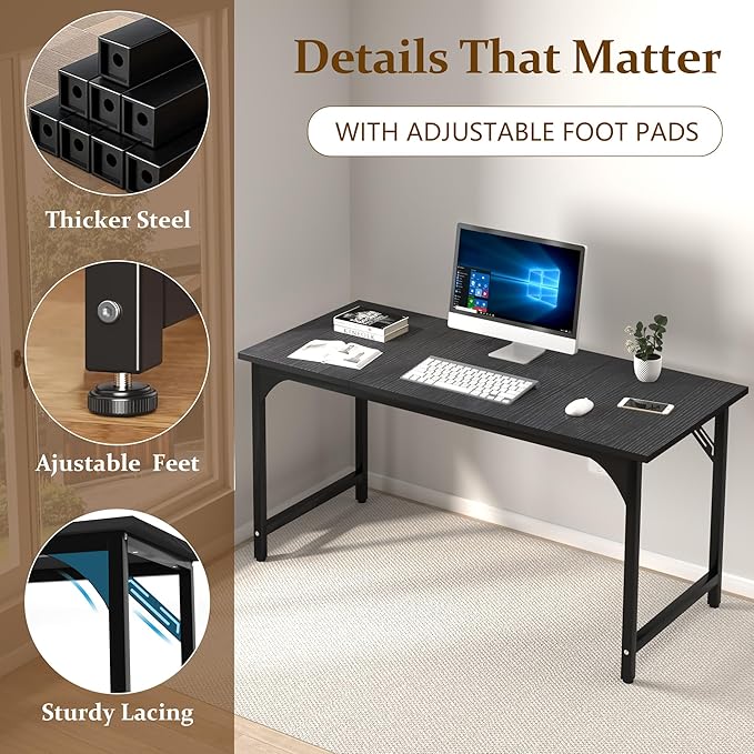 55 X 23.6 inch Computer Desk, Office Desk with Deeper & Thicker Desktop, Modern Simple Study Table with Sturdy Metal Frame & Large Legroom, Study Writing Work Desk for Home Office, Bedroom