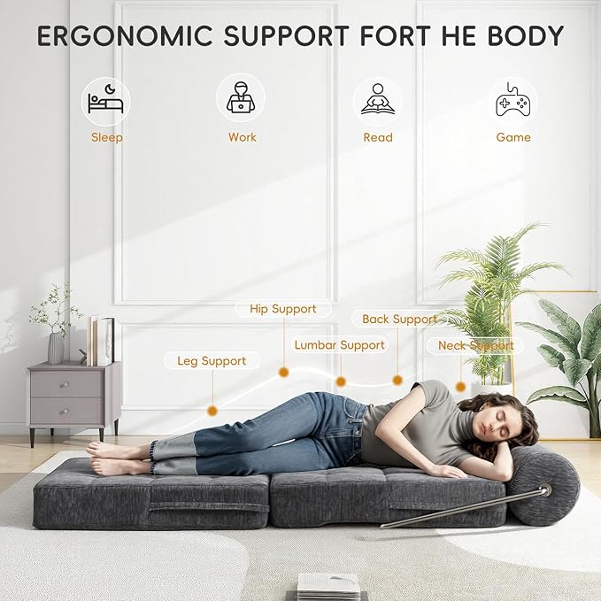 4-in-1 Folding Sofa Bed, Easy Assembly Chenille Boneless Couch, Convertible Sleeper Chair with Back Support, Small Floor Futon Sofa for Living Room & Bedroom, Single (Grey)