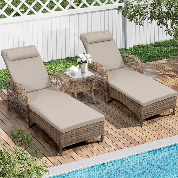 WINGTU 3 Piece Patio Chaise Lounge Set, Outdoor Patio Furniture Modern Lounge Chairs Set of 2 with Side Table & 6-Position Adjustable Backrest, Durable PE Wicker, Weather Resistant Cushions, Beige
