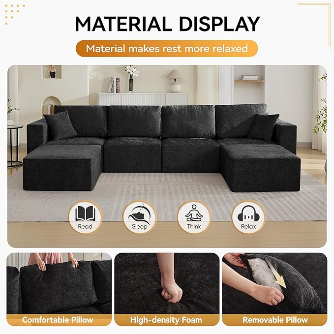 146'' Oversized Boneless Sofa, 4 Seater Modular Sectional Couch with 2 Moveable Ottoman, U Shaped Chenille Convertible Sleeper Sofa with Chaise for Living Room, Black