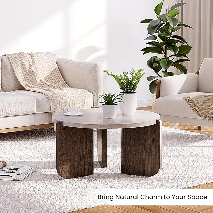 SUNBURY Modern Round Coffee Table with Sturdy Base, Wood Center Tables for Living Room Reception Room, Faux Marble Tabletop, Easy Assemble