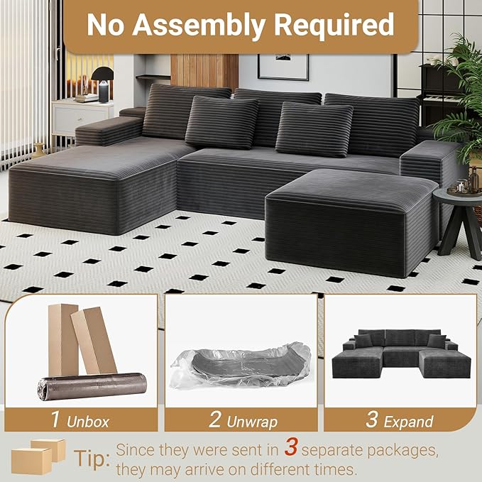 KAPEETOO Modular Sectional Sofa Cloud Couch with Left Chaise Longue, U Shaped Boneless Couch with Ottoman Deep Seat, Oversize 3-Seater Boneless Sofa Set for Living Room Bedroom (Grey)