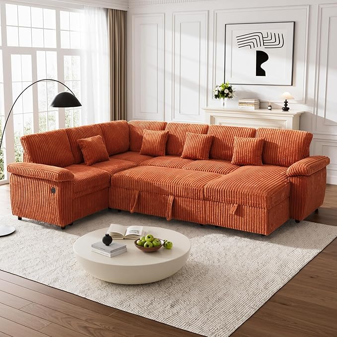 Modular Sectional Sleeper Sofa with Pull Out Bed, Storage Chaise & USB Charging, U Shaped Plush Corduroy Orange Sectional Couches for Living Room, Comfy Convertible 7 Seat Cloud Sofa Bed Orange