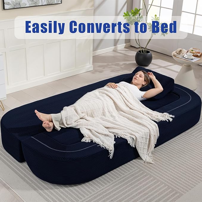 MeMoreCool Convertible Floor Sofa Couch – 3-Seater Sleeper with Tufted Cushions, Navy Corduroy Modular Foam | Cloud Couch for Living Room & Bedroom | No Assembly | Soft Ergonomic Support