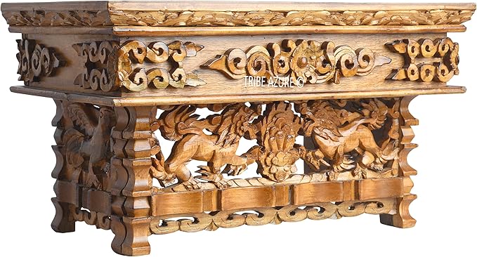 Tribe Azure Fair Trade Small Snow Lion Altar Table, Hand Carved Wooden Table with Majestic Garuda, 16 in x 9 in x 9 in