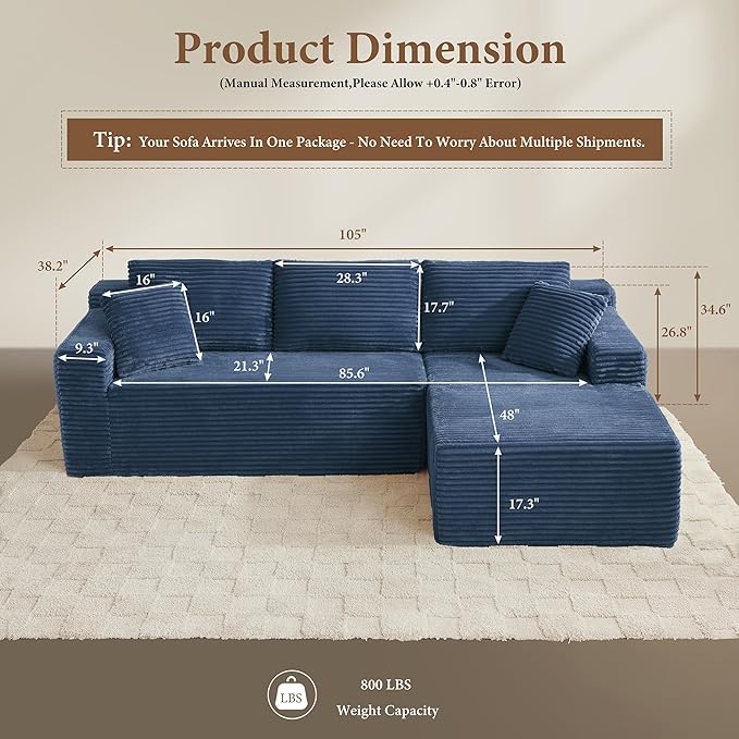 105" Sectional Couches for Living Room Cloud Couch Sofa with L-Shape Upholstered Boneless Couchs Modern Modular Sectional Couch with Chaise (Bule, 105" W+Right Facing Chaise+2Seaters)