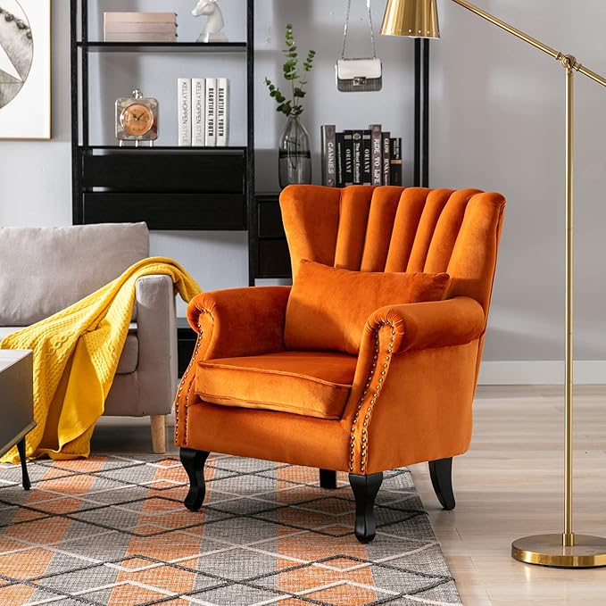 LZAREAL Accent Reading Arm Chairs Set of 2 Midcentury Modern Comfy Corner Sofa Chair, Wingback Waiting Room Club Chair with Tufted Back for Living Room/Bedroom/Reception Room, Velvet Orange
