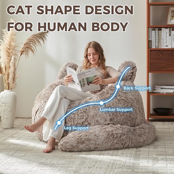 Bean Bag Chair for Adults Teen,Giant Bean Bag Chairs Cat Design,Plush Faux Fur Beanbag Couch Comfy Accent Floor Sofa for Reading, Playing, Relaxing in Living Room, Bedroom