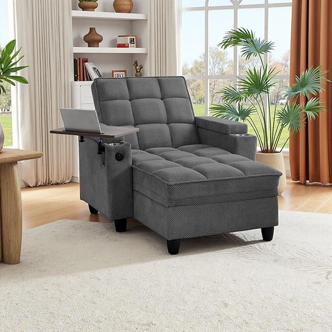oaaktu Single Modern Comfy Upholstered Chaise Lounge Sofa Chair with Rotating Side Table,Storage,Pillow,USB Charging Ports and Adjustable Backrest Perfect for Living Room, Small Spaces (Dark Gray)