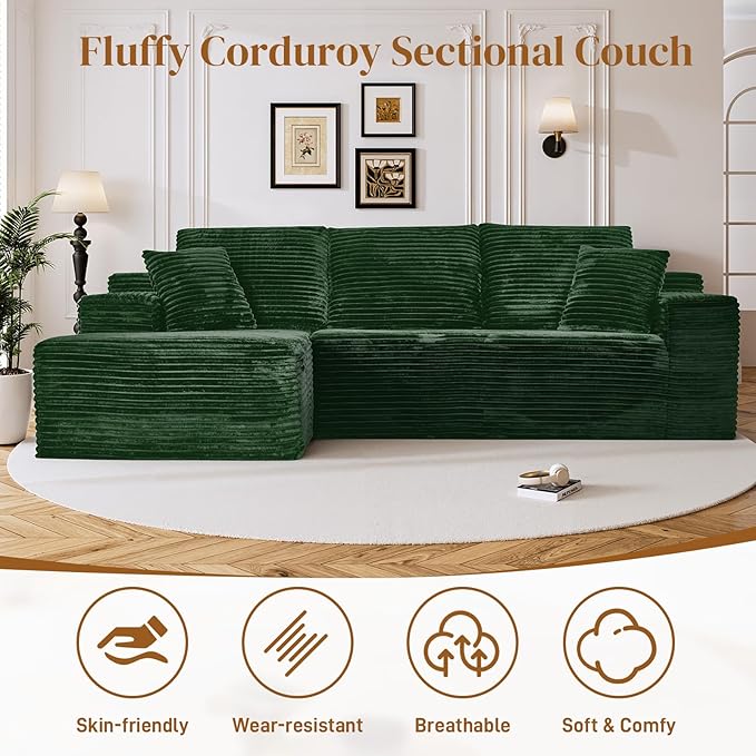 108" Boneless Cloud Sectional Couches for Living Room, Comfy Fluffy L Shaped Memory Foam Deep Seat Boneless Couch, Modular Sectional Sofa with Left Facing Chaise, Green