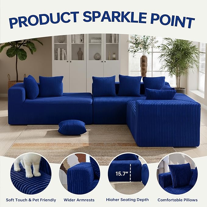 130" Boneless Couch, Cloud Couch Sectional, Corduroy Sofa for Living Room, U Shaped Modular Sofa with Chaise, No Assembly, 4 Seats Oversized (Blue)