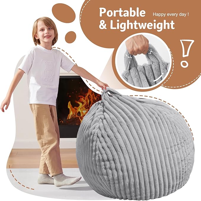 Homguava 2FT Bean Bag Chair, 2' Small Bean Bags with Memory Foam Filled, Beanbag Chairs with Machine Washable Cover Dutch Corded Plush Cover for Classroom,Living Room,Bedroom-Light Grey
