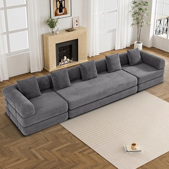 DAMAIFROM 157" Convertible Sleeper Sofa Bed Set with Pillow, 4-in-1 Corduroy Folding Mattress Boneless Couch with Fixed-Shape Frame, Fold Out Floor Sofa Cama Lounge Couch for Living Room, Grey
