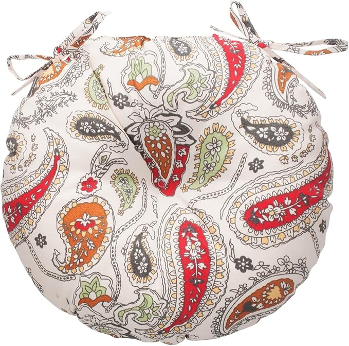 Magpie Fabrics Outdoor Round Bistro Seat Cushions with Ties, 15"x15"x4" Set of 2, Tufted Waterproof Barstool Chair Pads for Patio Home Garden Office, Paisley Beige Red