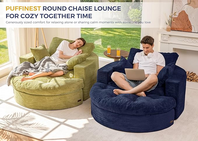 MAXYOYO Modular Sectional Chaise Lounge Sofa, Round Upholstered Lounge Chair with Ottoman, Comfy Couch with Layered Cushion, Tufted Sleeper Chair for Living Room, No Assembly, Navy