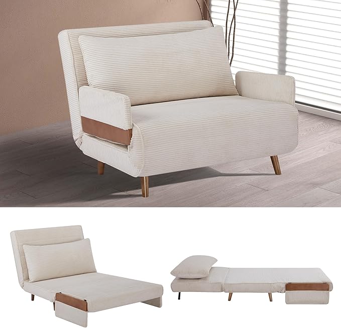 CITTANEO 42" Convertible Sleeper Chair, 3-in-1 Chair Bed Sleeper for Adults with Adjustable Backrest, Pillow & Wooden Arms, Loveseat Sofa Bed for Apartment, Office, Beige