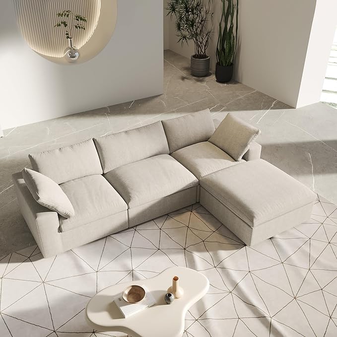 L-Shaped Cloud Sectional Couch, Khaki Modular Sectional Sofa, Modern Comfy Cloud Sofa with Storage Ottoman, Covers Removable, Convertible Sleeper Couch for Living Room Apartment (Linen Fabric)