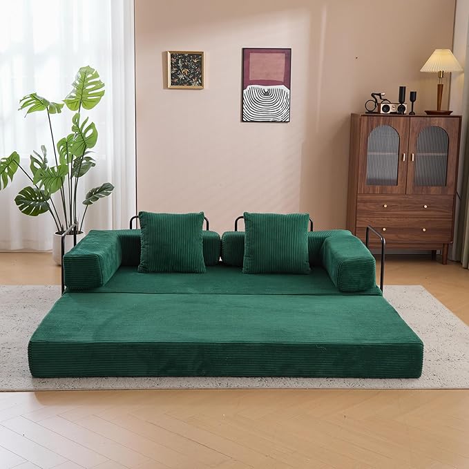 Floor Couch with Pillow Back Support and Armrest, Convertible Sofa Bed for Living Room or Bedroom, Corduroy Fabric Comfort Sleeper