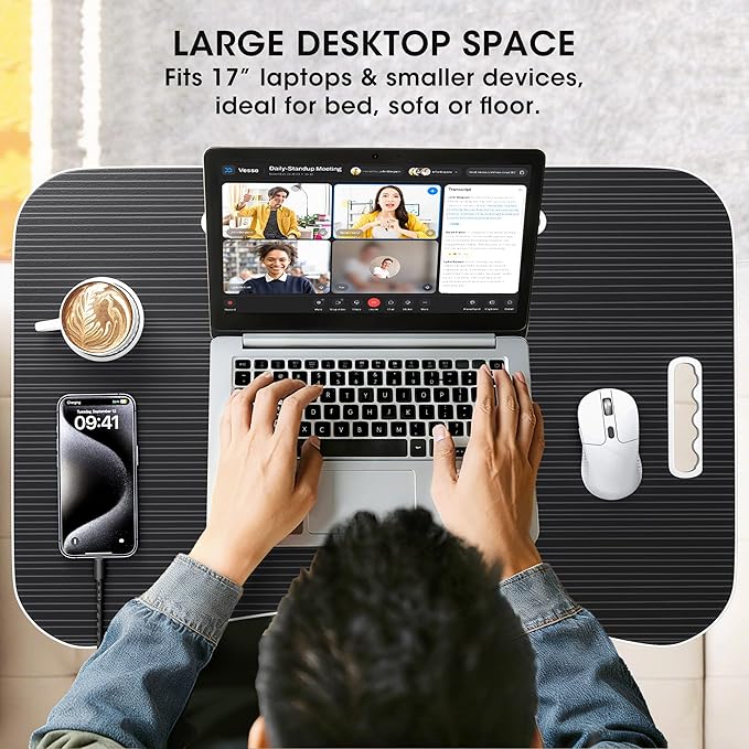 Folding Lap Desk, 23.6 Inch Wood Laptop Bed Desk with Cup Holder, Portable Bed Table for Working Writing Reading & Eating for Bed, Sofa, Couch, Floor - Black