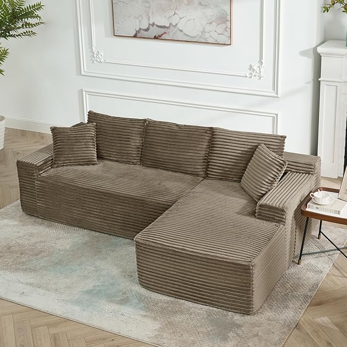 HYJT-H&K Modular Sectional Sofa Cloud Sectional Couch, 95" Comfy Fluffy L Shaped Brown Couches for Living Room, Deep Seat Memory Foam Plush Corduroy Boneless Couch Sectionals Right Facing Chaise Sofa