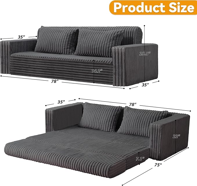 HABUTWAY Folding Sofa Bed, 2 in 1 Convertible Sleeper Chair with 2 Pillows, Portable Fold Out Chair Bed with Armrest, Comfy Floor Couch, Lazy Sofa for Living Room Bedroom Dorm Home Office, Grey