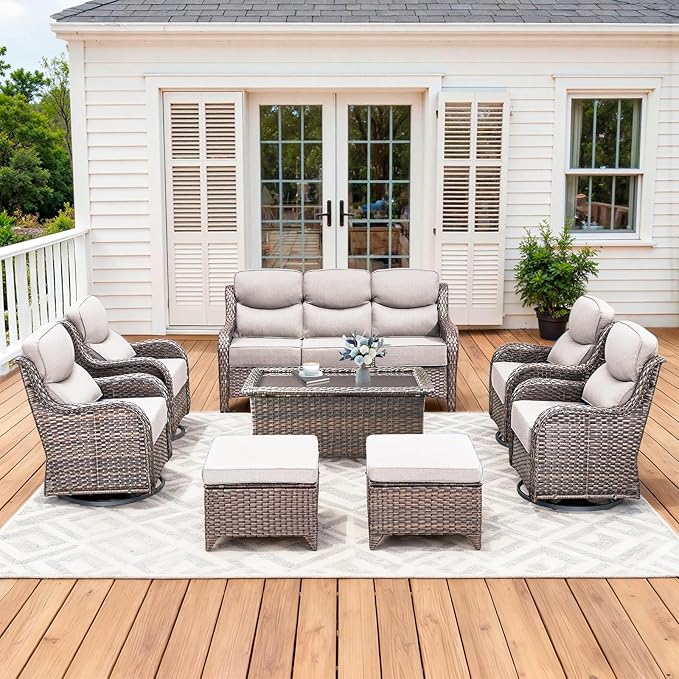 Pugire Luxury High Back Patio Furniture Set with 6-Inch Thick Cushions, 8-Pieces Outdoor Furniture with Swivel Chairs, Wicker Conversation Set for Porch, Balcony, Deck and Yard, Brown/Beige