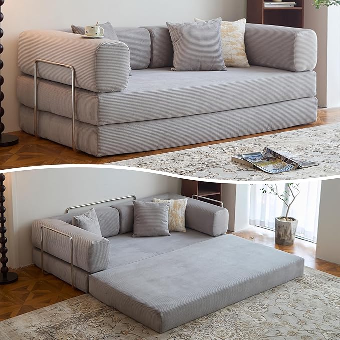 LIAROO 98.4" Convertible Sofa Bed - Compression Sofa with Corduroy Fabric - with Armrests and Backrest - Modular Sectional for Living Room, Bedroom, Studio - Compression Sofa in Box (Grey)