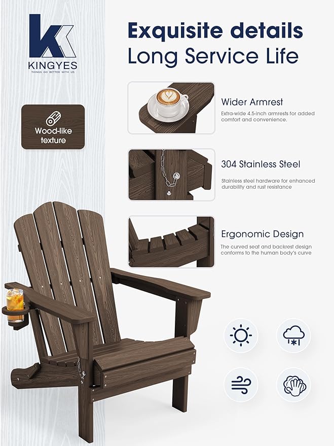 KINGYES Folding Adirondack Chair Set of 2, HDPE All-Weather Folding Adirondack Chair, Coffee