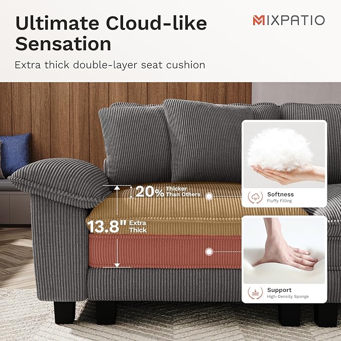 MIXPATIO 157-Inch U Shaped Sectional Sofa with Cloud Cushions, Deep Seat Modular Couch Set w/ 6 Seats & 2 Ottomans, Removable Arms, Plush Corduroy Upholstery for Living Room, Apartment - Gray