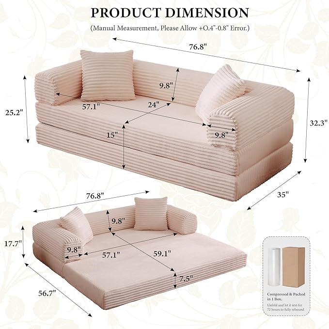 Chorlenimi Boneless Couch Futon Sofa Bed Sectional Couches for Living Room,Cloud Couch with Sleeper Sofa,Sofas for Living Room Oversized Corduroy Upholstered (Pink, 76 Inches (No Iron Frame))