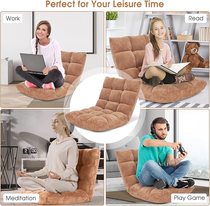 Floor Chair with Back Support, Foldling Gaming Sofa Chair with Comfy Cushion, Adjustable 14-Position Meditation Chairs, Lazy Lounge Recliner Reading Seat for Adults, Kids (Tan)