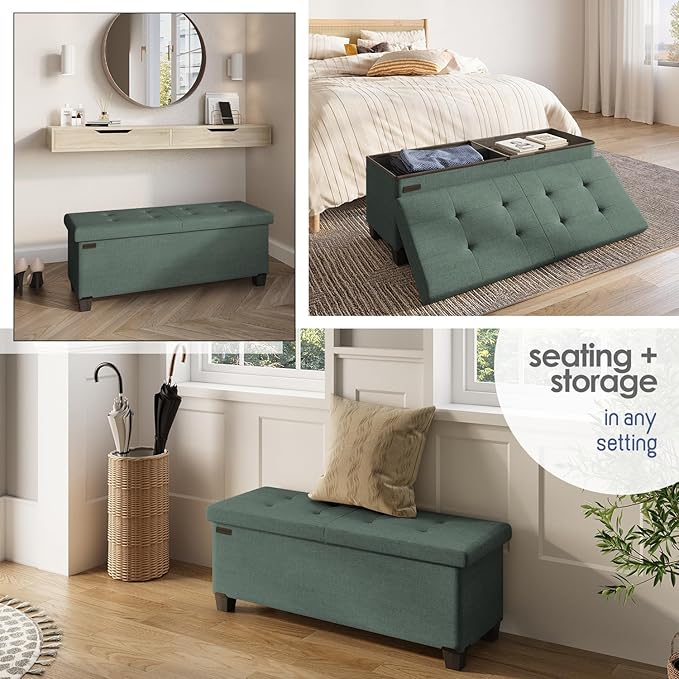 STORAGEBUD Storage Ottoman Bench with Bins, 43-in Storage Bench for Bedroom End of Bed, Folding Foot Rest Ottoman for Living Room Max 660lbs, Fabric Ottomans, Green