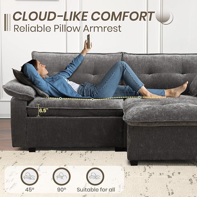 PALLOME 82" Deep Seat Comfy Cloud Couch, Modular Sectional Sofa with Movable Ottoman, L Shaped Chenille Sofa for Small Space, Modern Apartment Living Room & Office (Light Grey, 2-Seat + Ottoman)