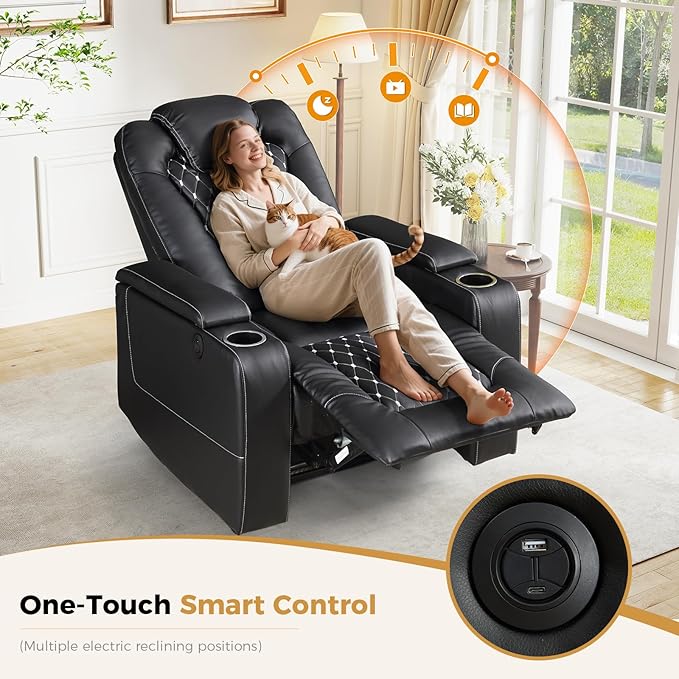 ANJ Power Recliner Chair Set of 3, Electric Soft Leather Reclining Home Theater Seating - USB Ports, Cup Holders, Hidden Arm Storage Movie & Media Room Chairs (Black)