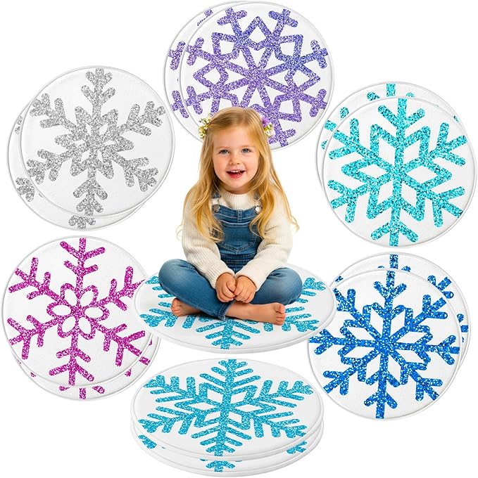 Capoda 12 Pieces Snowflake Carpet Circle Seats - 15.57 Inch Round Floor Mats for Winter Woodland Preschool Kindergarten Elementary Daycare Playroom Reading Room Nursery Bedroom Classroom Seating Rugs