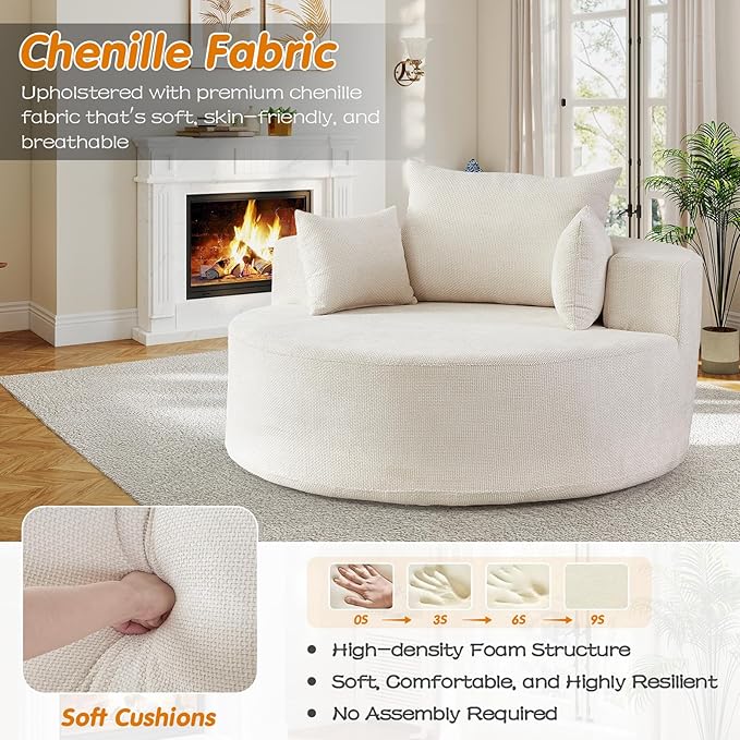 55"W Oversized Round Chair Lounge Chaise Indoor,Upholstered Comfy Circle Sofa Armchair,Modern Cozy Boneless Foam Floor Reading Chair for Living Room,Bedroom,No Assembly Required(Grid Chenille,Beige)