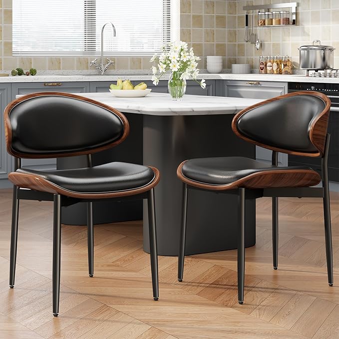 Dining Chairs Set of 2, Mid-Century Modern Upholstered PU Leather Chairs with Walnut Bentwood Back and Metal Legs Adjustable Feet for Kitchen Dining Room, Black PU