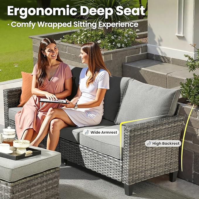 ovios 6 Pieces Patio Furniture Set, Outdoor Wicker Sofa Couch with Rocking Swivel Chairs Comfy Cushions, Modern Deep Seat Rattan Conversation Sets for Deck Porch, Dark Grey