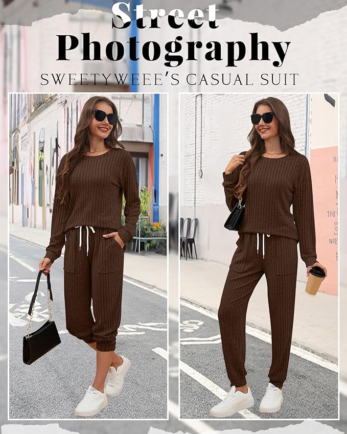 Sweetyweee Women's Ribbed Knit Lounge Sets 2 Piece Outfits Long Sleeve Pajamas Set Loungewear Sweatsuits Fall Pjs with Pocket