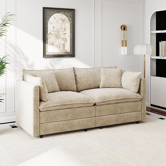 Aoowow Modular Sectional Sofa Modern Convertible Loveseat Couch,77.16 Inch Deep 2-Seater Sofas Comfy Chenille Cloud Sofas and Couches with Pillows for Living Room Apartment（Camel）