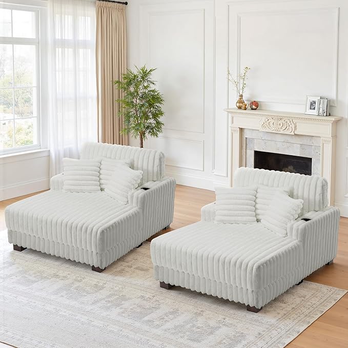 UIXE Chaise Lounge Chair Indoor, Oversized Sleeper Chair with 2 Cup Holders, Faux Fur Upholstered Sofa Bed Comfy Recliner Solid Wood Frame Reading Seat for Living Room, Bedroom, Apartment - Beige